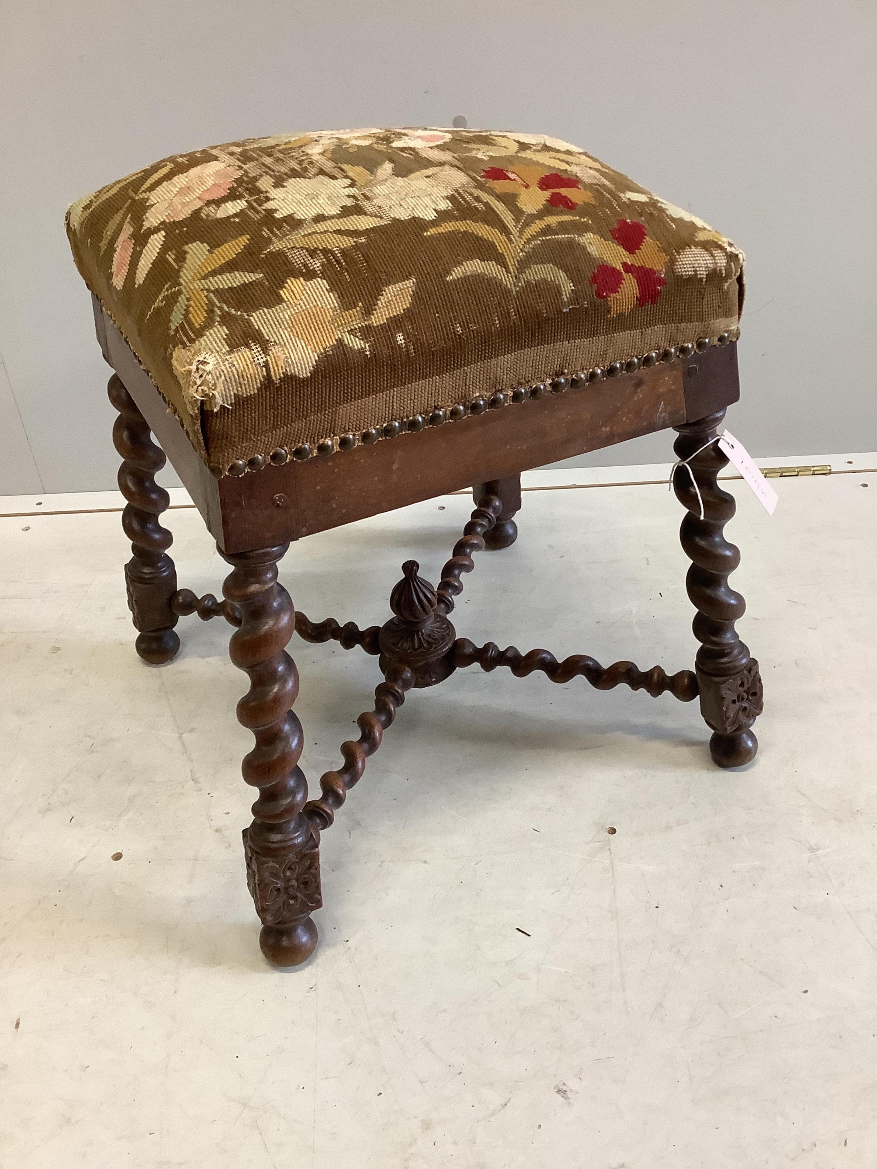 A 19th century French tapestry dressing stool on spiral turned underframe, width 46cm, depth 46cm, height 53cm. Condition - poor to fair